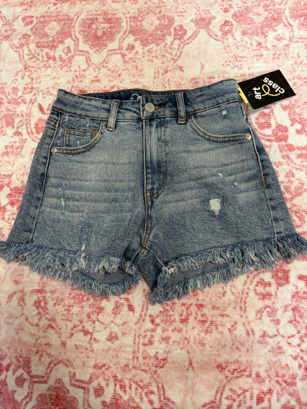 Girls Distressed Denim Fringe Hem Shorts - Blue- Art Class